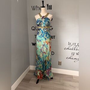 Beaded Halter Multicolor Maxi Dress Size 14P Formal Evening Gown